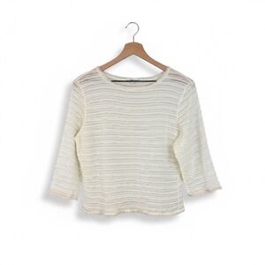 Whimsigoth Ivory Textured Ruffle Mesh Top Lace Trim 3/4 Sleeve Coquette Blouse L